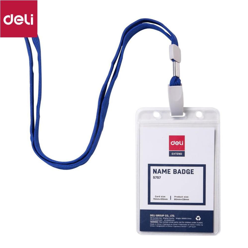 Bảng tên 68×95mm Deli, trong suốt, dây đeo màu xanh nước biển - 1 chiếc - E5757