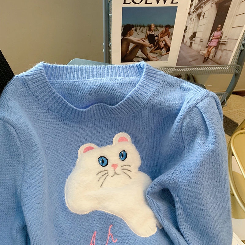 Áo Sweater Dệt Kim Chui Đầu In Hình Mèo Ba Chiều Màu Xanh Dương Phong Cách Phương Tây Cho Nữ