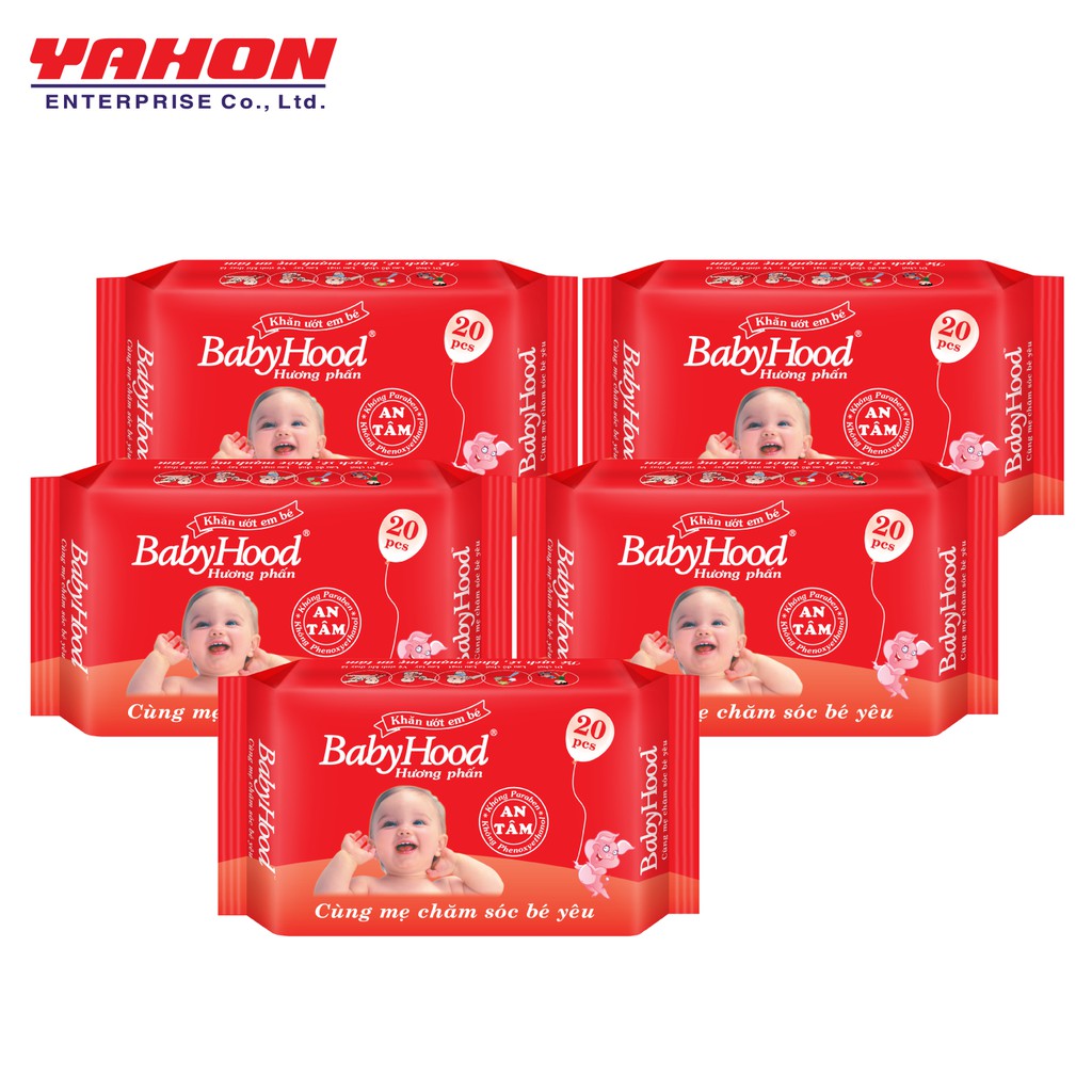 Combo 5 Gói Khăn Ướt Em Bé BabyHood Không Mùi/ Hương Phấn 20 Tờ (20 Tờ x 5)