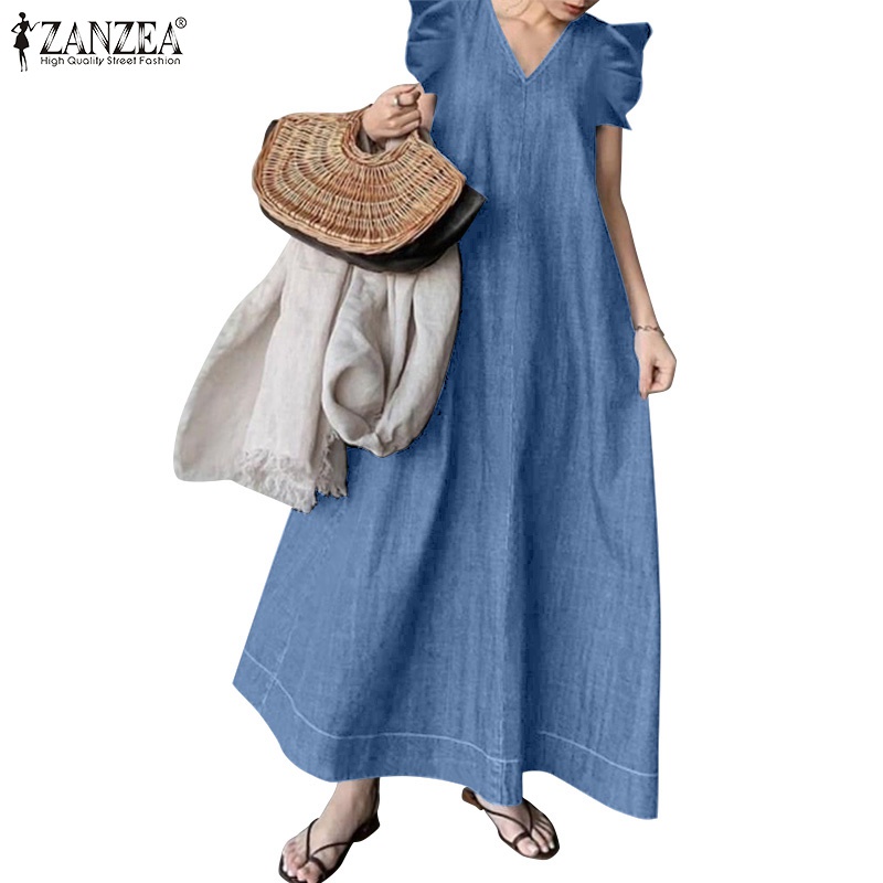 Đầm maxi ZANZEA form xòe rộng xếp ly không tay phối bèo cổ chữ V thời trang cho nữ
