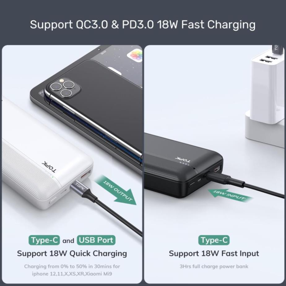 Sạc dự phòng TOPK I2015P 18W 20000mAh cho HUAWEI Samsung Xiaomi OPPO Vivo Realme