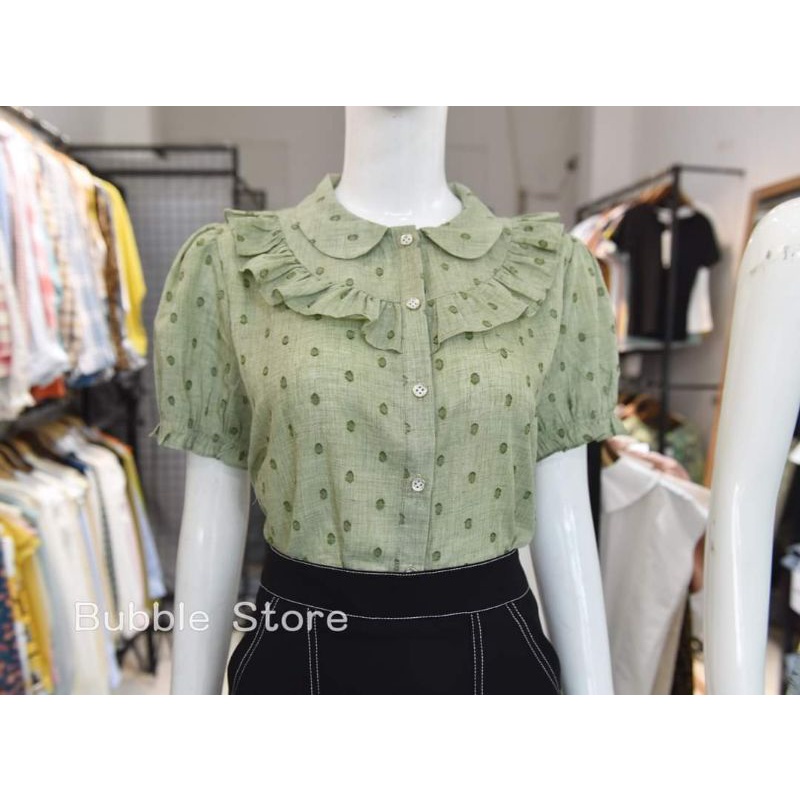 áo sơ mi chấm bi bèo cổ xanh