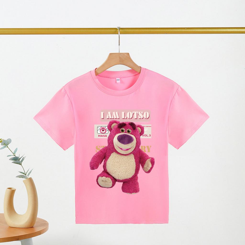 Áo Thun Cho Bé Màu Hồng In Hình Gấu Dâu Lotso Bear Bé Cực Thích