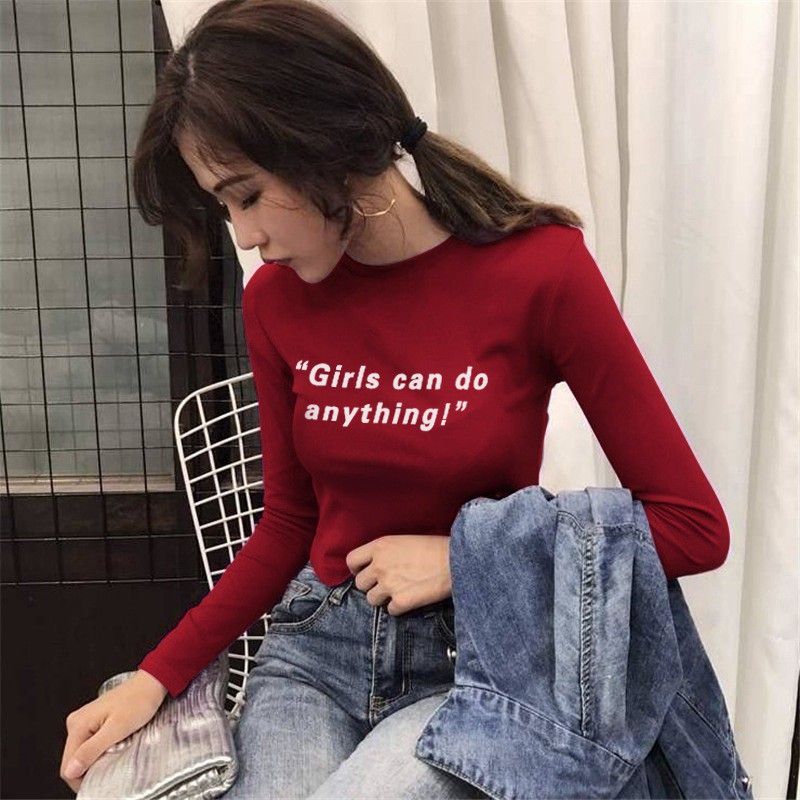 Áo thun tay dài cổ tròn thiết kế dáng ôm cho nữ