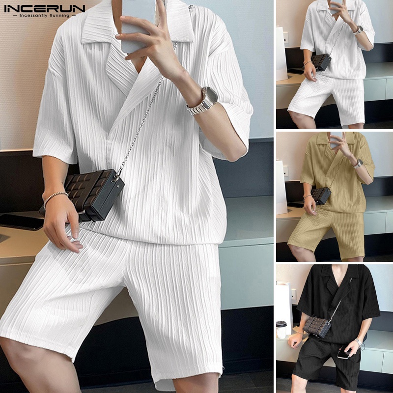 Set áo sơ mi ngắn tay + quần short INCERUN màu trơn cho nam