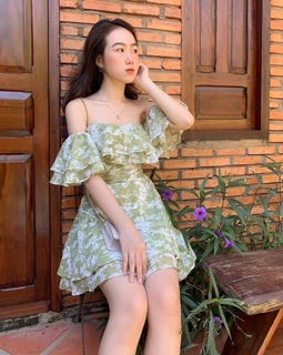 Váy hoa tầng ngực trễ vai ( hình thật )