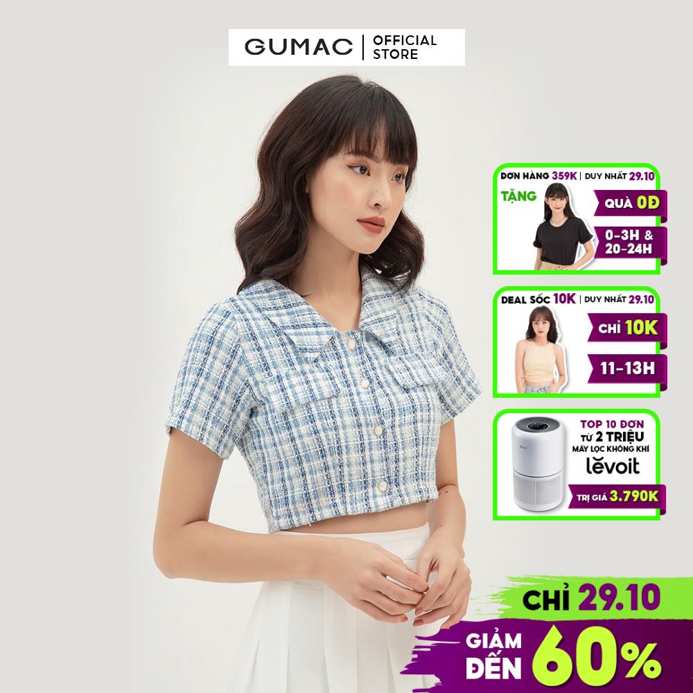 [Mã WABRGUD1 giảm 10% đơn 99K] Áo sơ mi croptop họa tiết caro GUMAC màu xanh, đủ size,, trẻ trung AB334