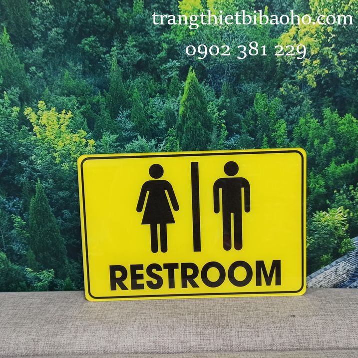Biển báo nhà vệ sinh Restrom nam nữ chất liệu mica dán decal - hình thật