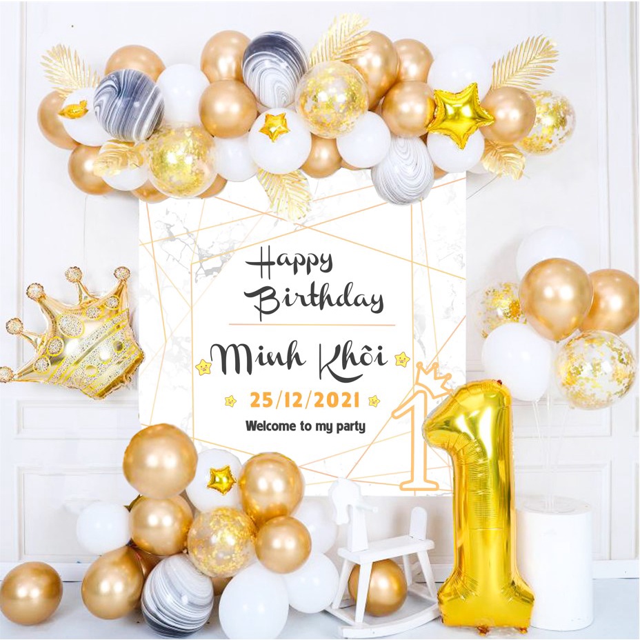 Set Bóng Trang Trí Sinh Nhật Happy Birthday Kèm Phông in tên tuổi bé đầy đủ phụ kiện SB99