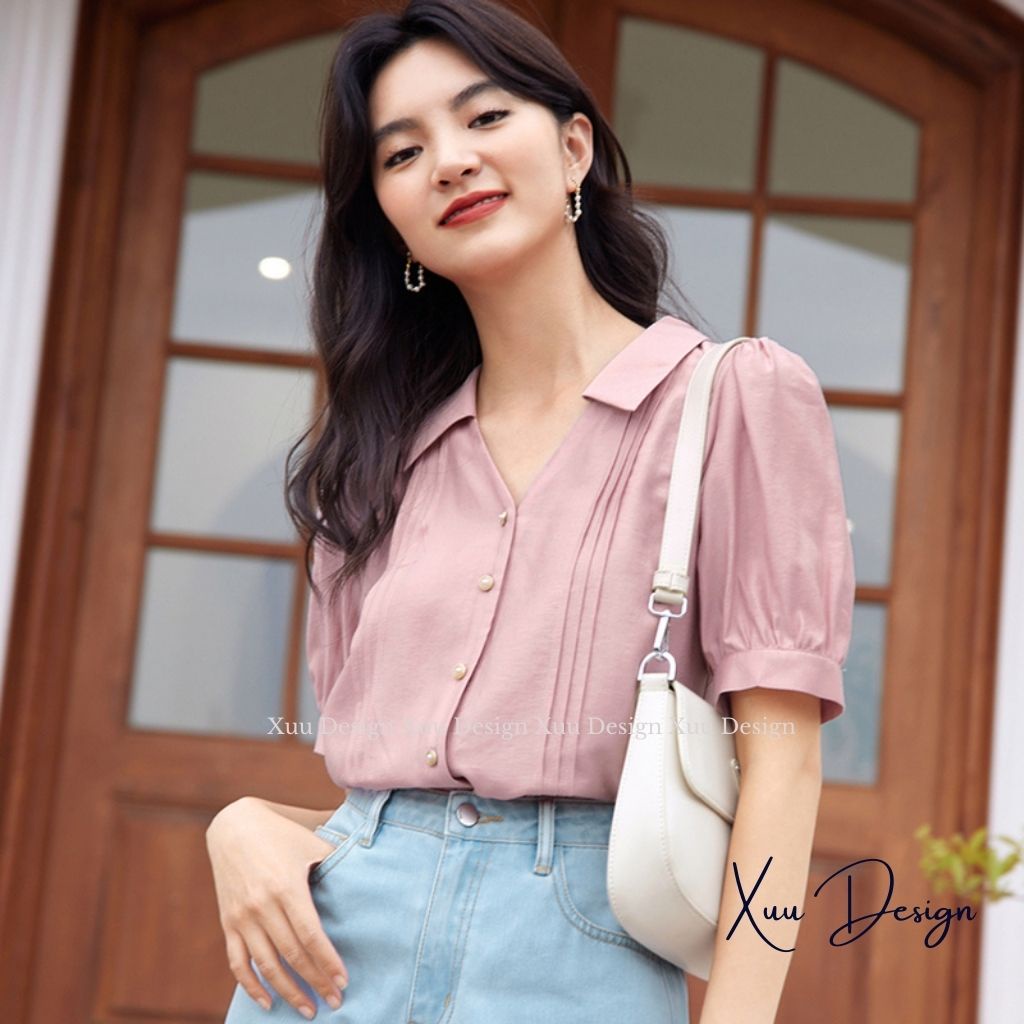 Áo sơ mi nữ kiểu thiết kế Xuu, thiết kế tay ngắn cổ V thanh lịch, chất vải mềm mại chống nhăn - SP46