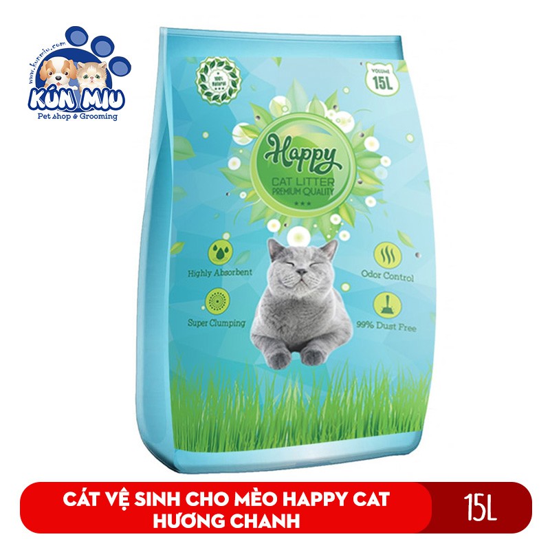 Cát vệ sinh cho mèo Happy Cat hương chanh 15L Chất liệu bentonite, than hoạt tính và Zeolite cao cấp