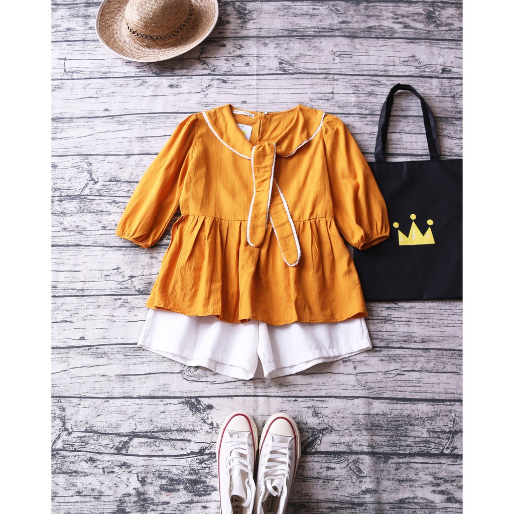 ÁO BABYDOLL TAY BỒNG VẠT CỔ ÁO PHỐI VIỀN REN