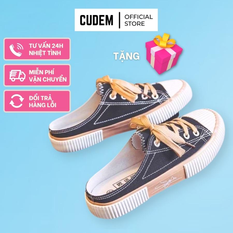 Giày sục đạp gót nữ hoạ tiết chữ ký chất liệu canvas S13