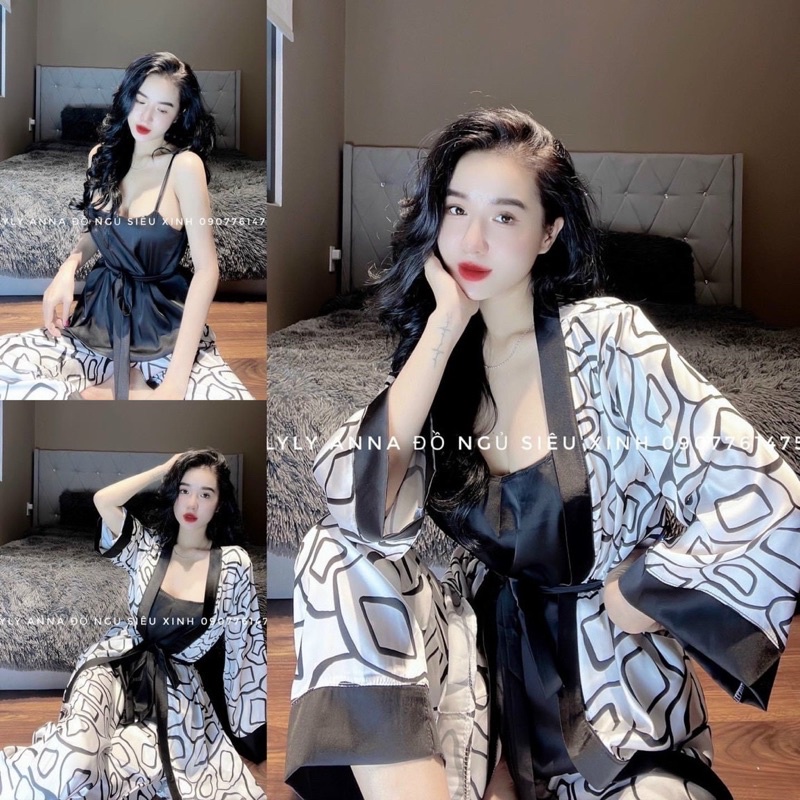 Bộ ngủ nữ, Bộ kimono 3 chi tiết kèm áo choàng lụa cao cấp mềm mịn thấm hút mồ hôi