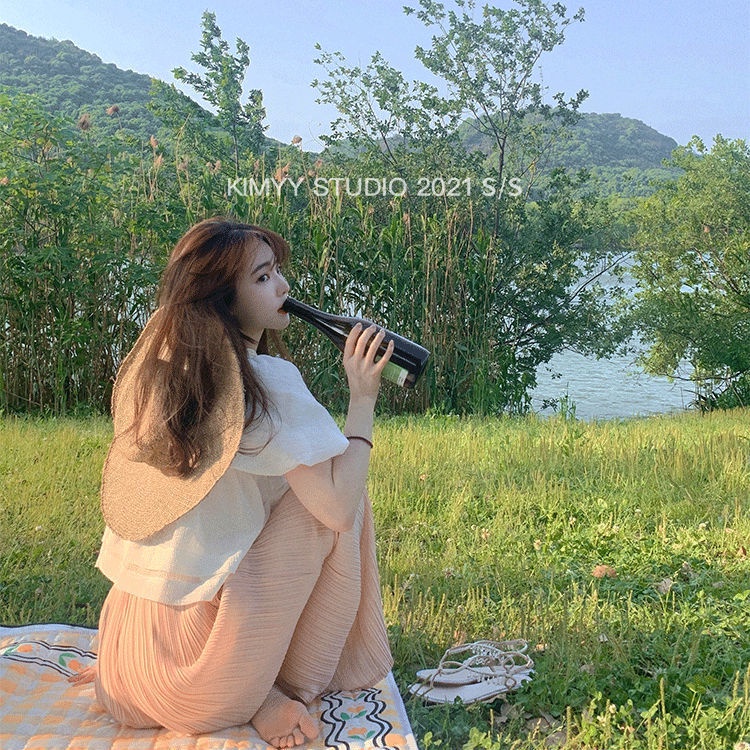 Jiashucheng Bộ Áo Sơ Mi Búp Bê + Quần Ống Rộng Lưng Cao Phong Cách Hàn Quốc Thời Trang Mùa Hè Hàng Mới