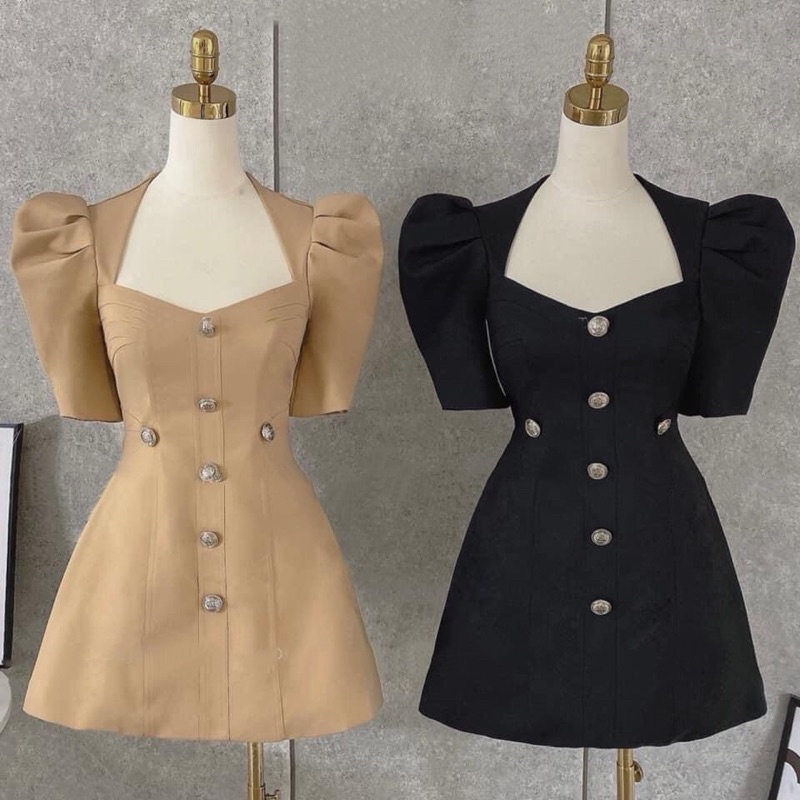 Váy kaki cổ vuông tay bồng hàng loại 1 dáng chữ A hottrend 2022