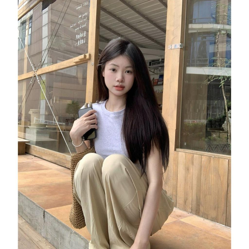 SET ÁO GÂN XÁM CROPTOP + QUẦN KEM LƯNG THUN SUÔNG (TH)