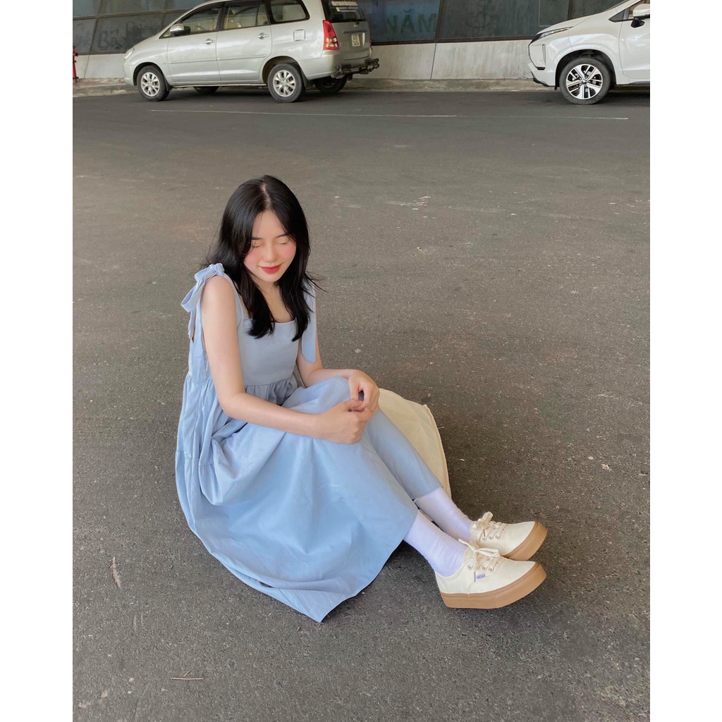 (Ảnh thật chất) Váy hai dây nơ vai - Váy nư Babydoll dáng dài - Đầm hai dây vải thô 3 tầng nhiều màu