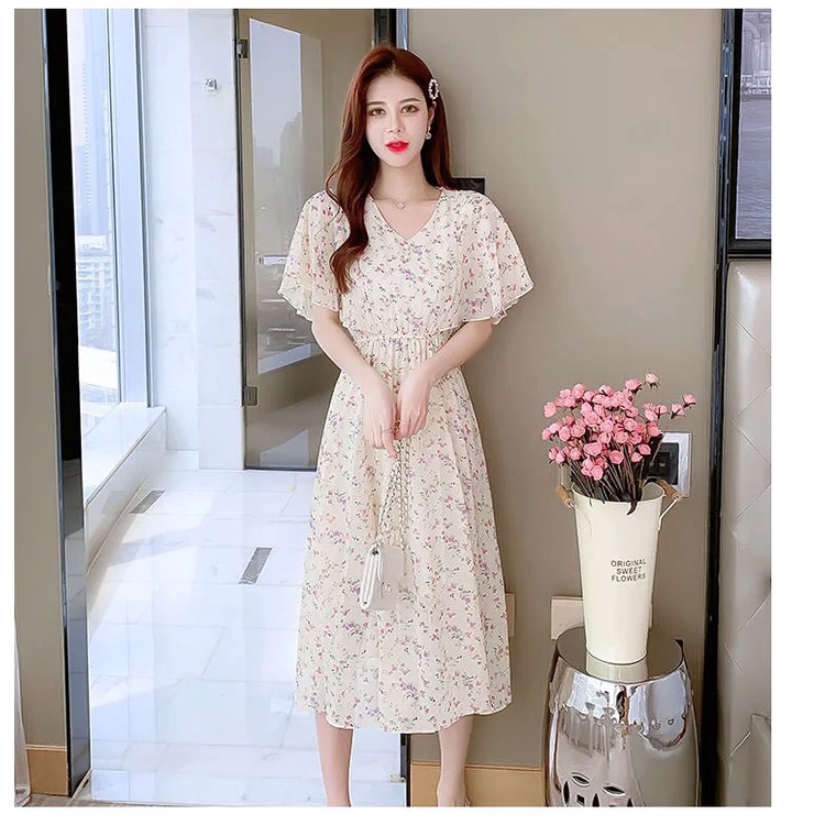 Đầm hoa nhí vintage váy tiểu thư sang chảnh váy cổ v đầm dài váy bầu mùa hè đầm bigsize nữ váy nữ xinh váy đi chơi đầm đi tiệc đầm nữ