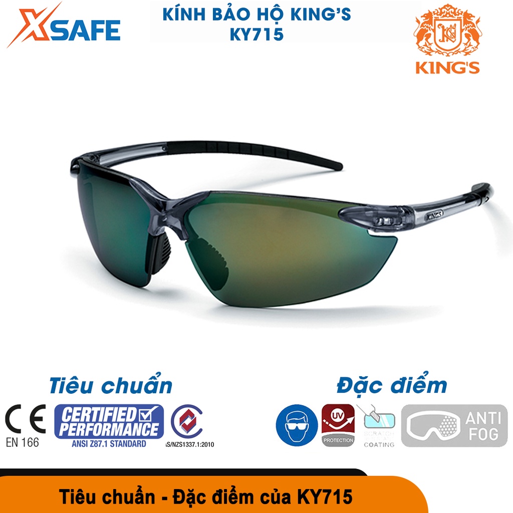 Kính bảo hộ Kings KY715 tròng tráng gương vàng chống chói, chống tia UV hiệu quả, dùng trong lao động, đi xe máy