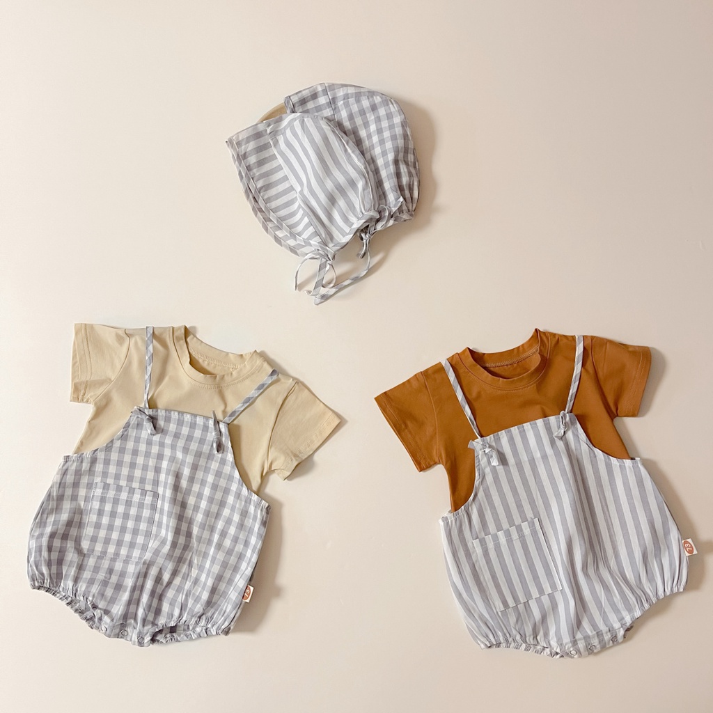 Set Áo Liền Quần + Mũ Kẻ Sọc + Áo Thun Tay Ngắn Cho Bé 0 - 24 Tháng