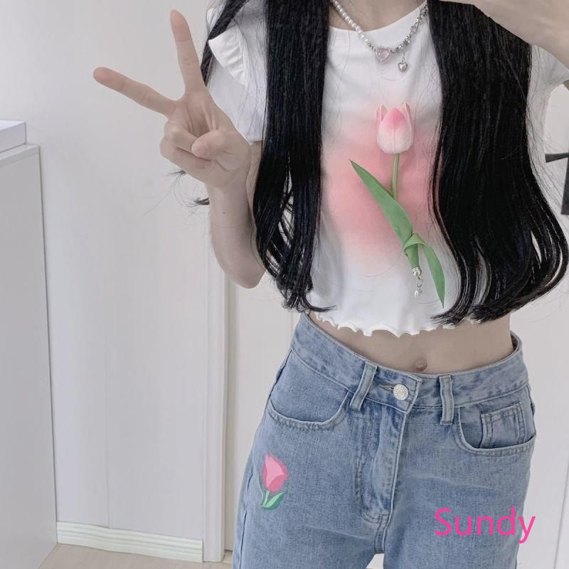 Áo Thun Cổ TròN HọA TiếT Hoa ThờI Trang Cho Nữ