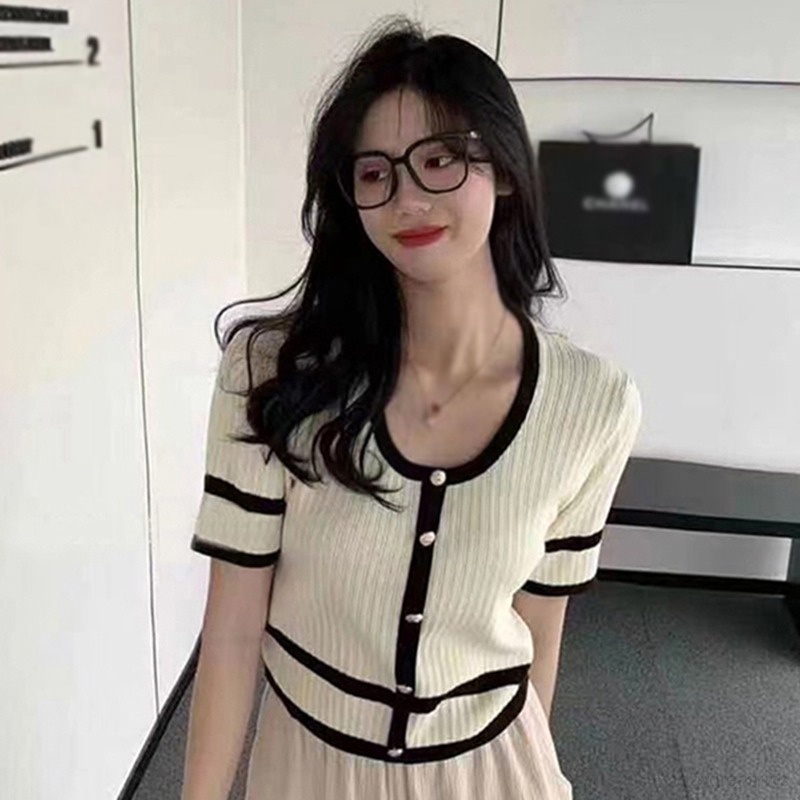 Áo Croptop Dệt Kim Cổ Tròn Màu Tương Phản Thời Trang Mùa Hè Cho Nữ