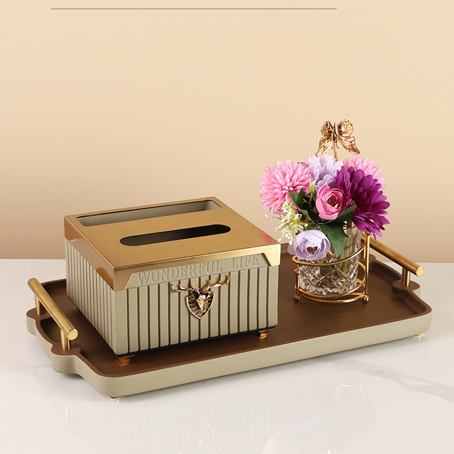 Set hộp đựng giấy ăn đa năng, hộp đựng mứt bánh kẹo bằng pha lê kèm khay Crystal Wonderful Life cao cấp
