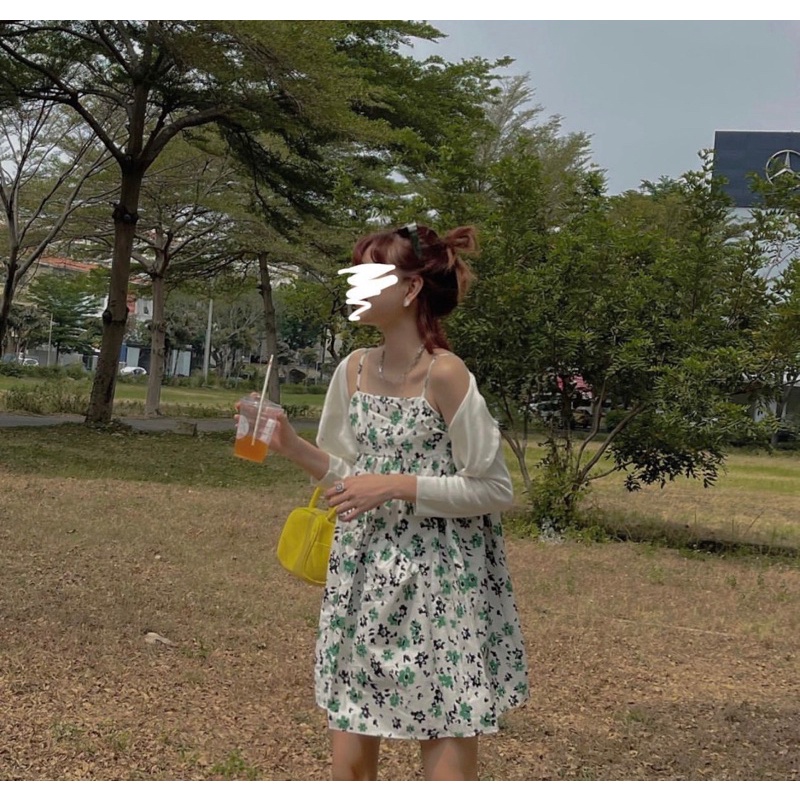 SET ĐẦM HOA XANH + ÁO KHOÁC TRẮNG GÂN