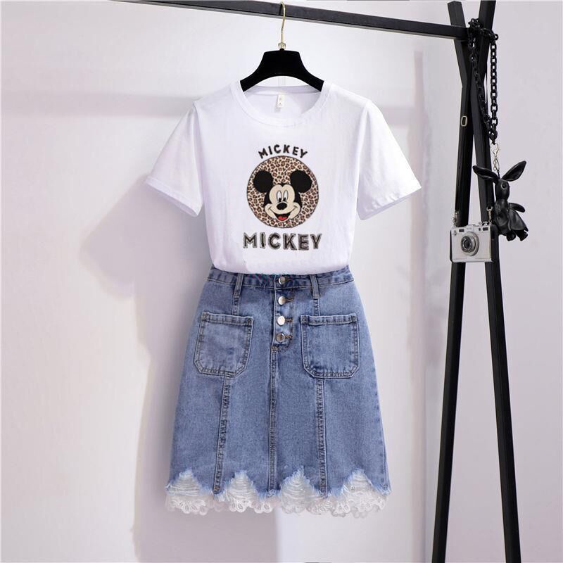 Set Áo Thun Ngắn Tay + Chân Váy Denim Thời Trang Phương Tây 2022 Cho Nữ