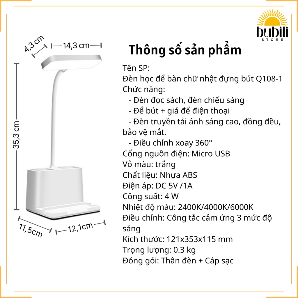 Đèn học để bàn Pin sạc 2500 mAh Đựng bút 3 nhiệt độ màu Làm mờ vô cấp Hình chữ nhật Q108