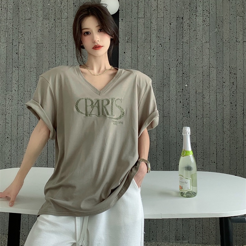 Áo Thun Nữ Ngắn Tay Cổ Chữ V Thêu Hoa Thời Trang