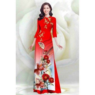 SÉT ÁO DÀI LỤA TRUYỀN THỐNG IN HOA SỨ QUẠT 4D