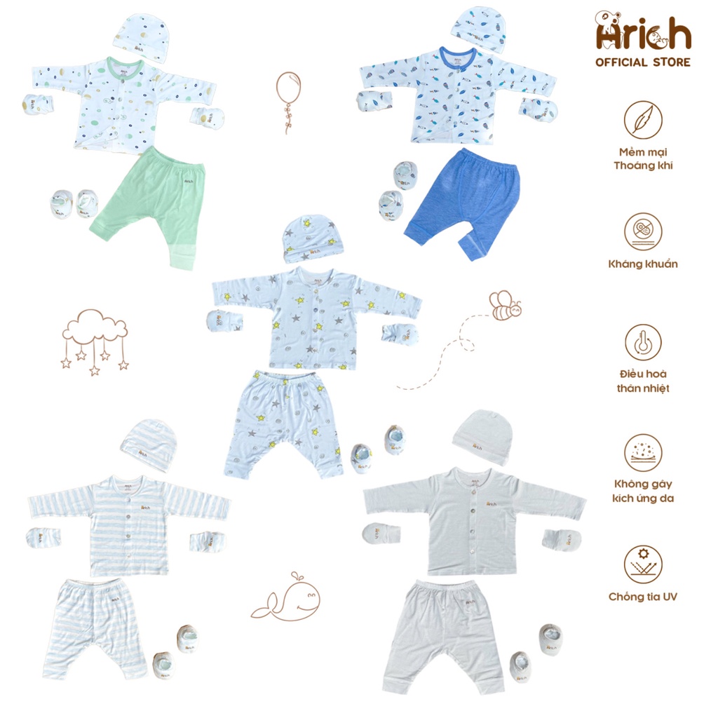 Set quần áo Arich - mũ Arich - bao tay bao chân Arich vải sợi tre size newborn