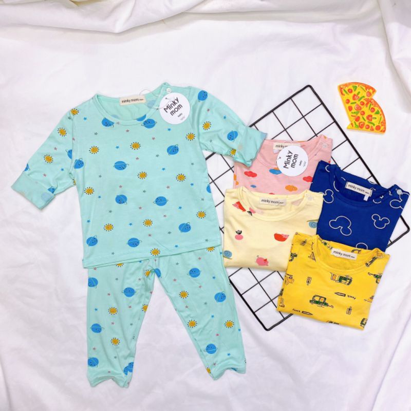 [Mẫu mới] Bộ dài tay thun lạnh in hình có nút cài vai MINKY MOM cho bé trai bé gái từ 7-19kg (Mây hồng)