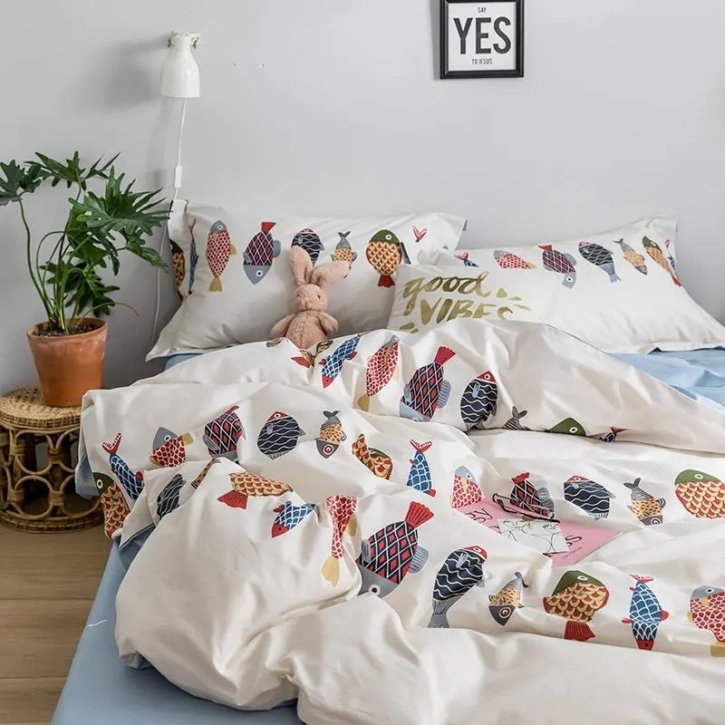 Bộ chăn ga gối Cotton Poly hoạ tiết Cá sắc màu MÂY BEDDING đủ kích thước nệm