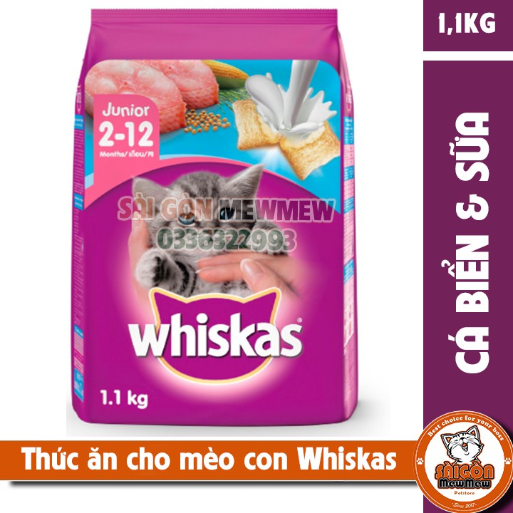 Thức ăn mèo con Whiskas vị cá biển &amp; sữa 1.1kg