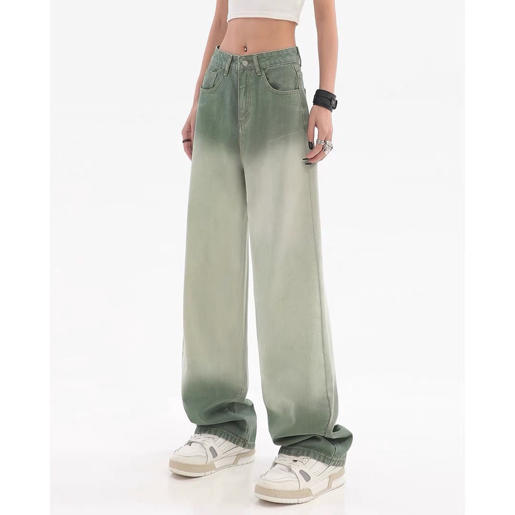 Jiashucheng Quần Jean Dài Dáng Suông Màu Xanh Gradient Kiểu Retro Mỹ Cá Tính