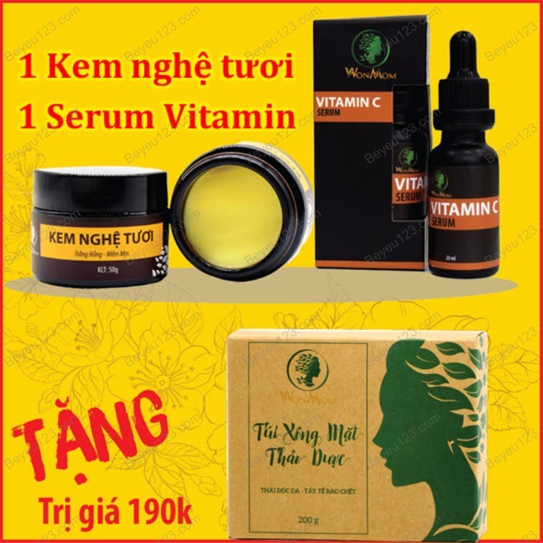 (Tặng 1 Túi xông mặt) COMBO giảm thâm dưỡng da trắng mịn Wonmom (1 Kem nghệ tươi + 1 Serum Vitamin C)