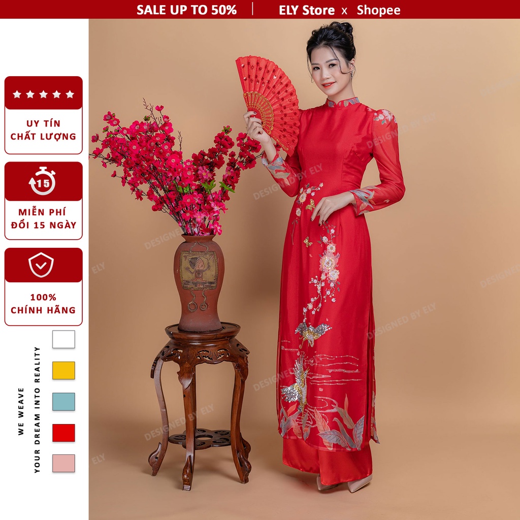 Áo dài truyền thống nữ thiết kế thêu họa tiết ELY lụa cao cấp đổi trả 15 ngày