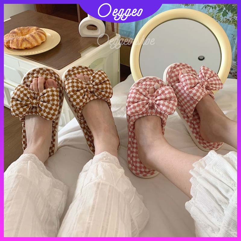 Oeteo Dép cotton Lanh Đi Trong Nhà Đế Dày Thắt Nơ Kẻ Sọc Cho Nữ