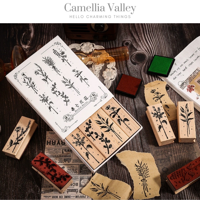 Con dấu gỗ phong cách vintage họa tiết cành hoa