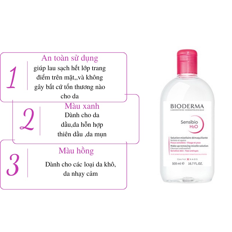 Nước tẩy trang bioderma 500ml tẩy trang da nhạy cảm xanh hồng Sensibio H20 500ml | BigBuy360 - bigbuy360.vn