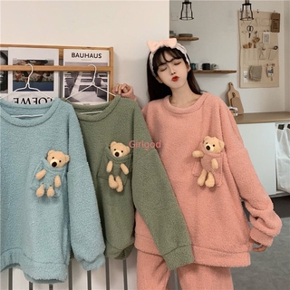 Bộ đồ ngủ tay dài in hình gấu dễ thương cho nữ