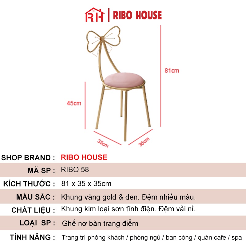 Ghế nơ RIBO HOUSE đệm vải nhung nỉ, ghế trang điểm trang trí phòng ngủ phòng khách decor quán cà phê nails spa RIBO40