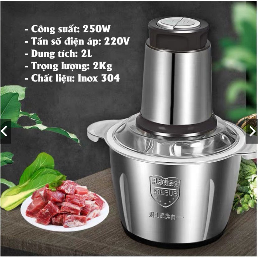 Máy Xay Thịt, Máy Say Thịt Cá Cối Inox 304 2L 4 Lưỡi Công Suất 250W Cao Cấp - Cối Xay thực phẩm rau củ quả đa năng