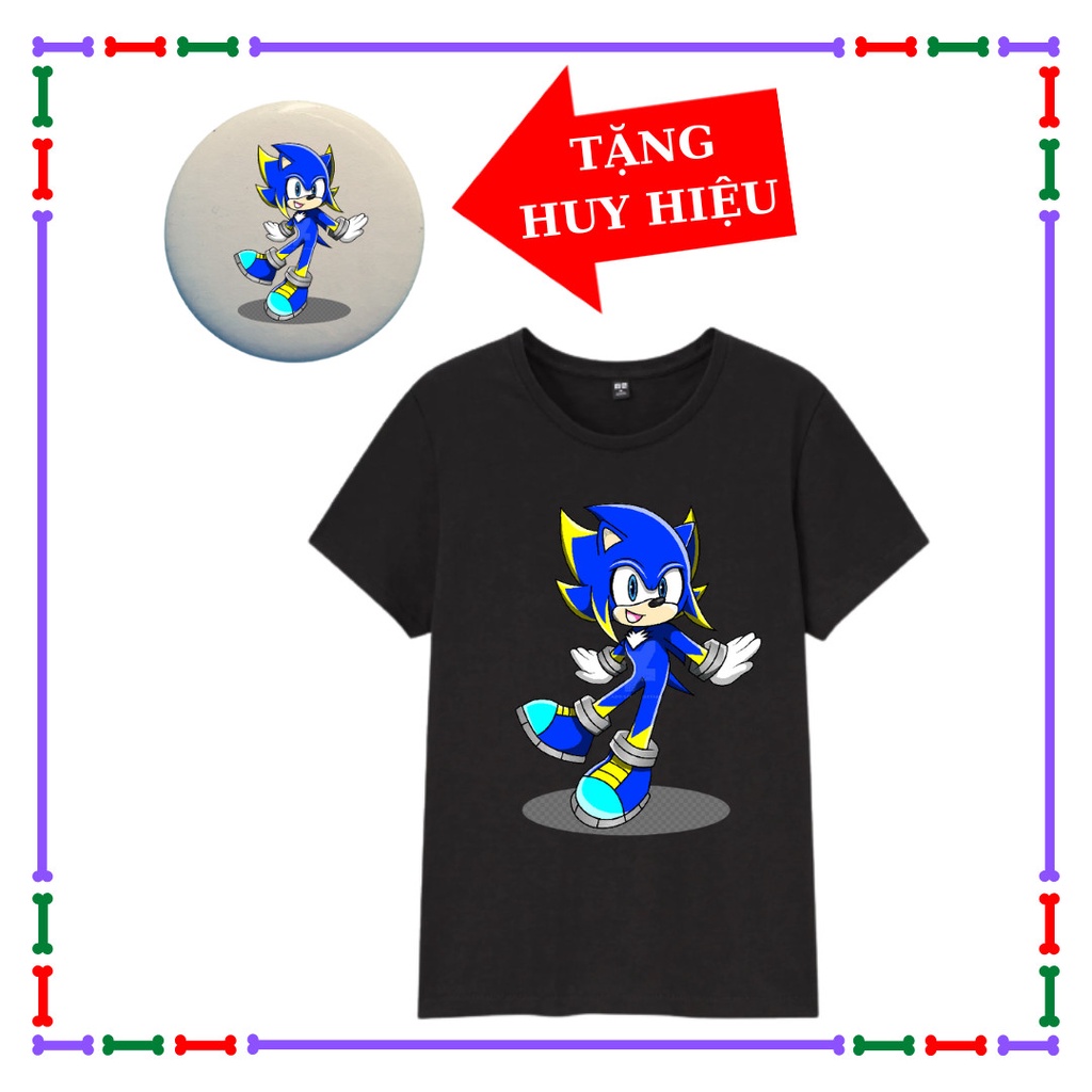 Áo thun trẻ em màu đen Huggy Wuggy, Nhím Sonic, Error 404, áo Biệt Đội Gangster, Kèm Huy hiệu