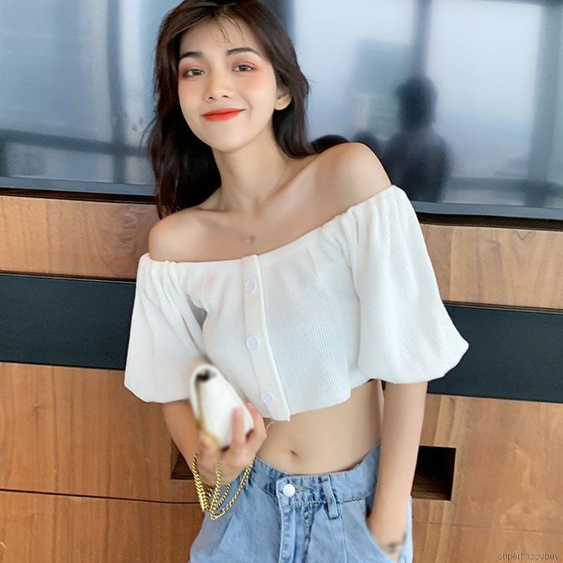 Áo Crop Top Nữ Trễ Vai Tay Phồng Thời Trang Hàn Quốc