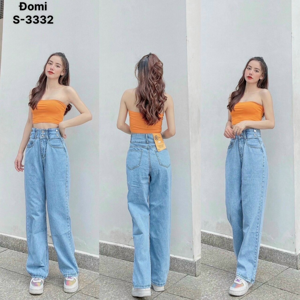 Quần jeans ống suông rộng cạp cao đính 6 nút