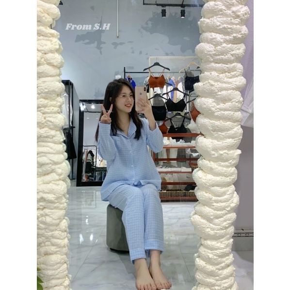 Bộ Pijama Chất Đũi Kẻ Áo Dài Quần Dài Mặc Nhà Nữ Siêu Xinh